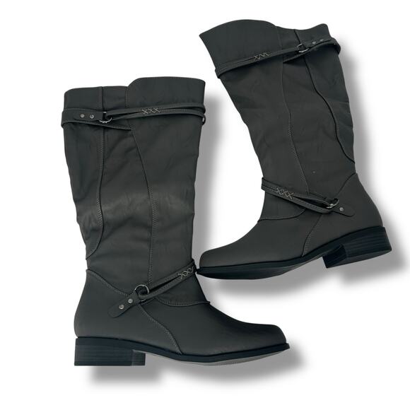 NEW Macy's Gray Knee High Boots Size 8 WC Wide Calf Faux Leather Riding Tall NWT - Picture 1 of 13